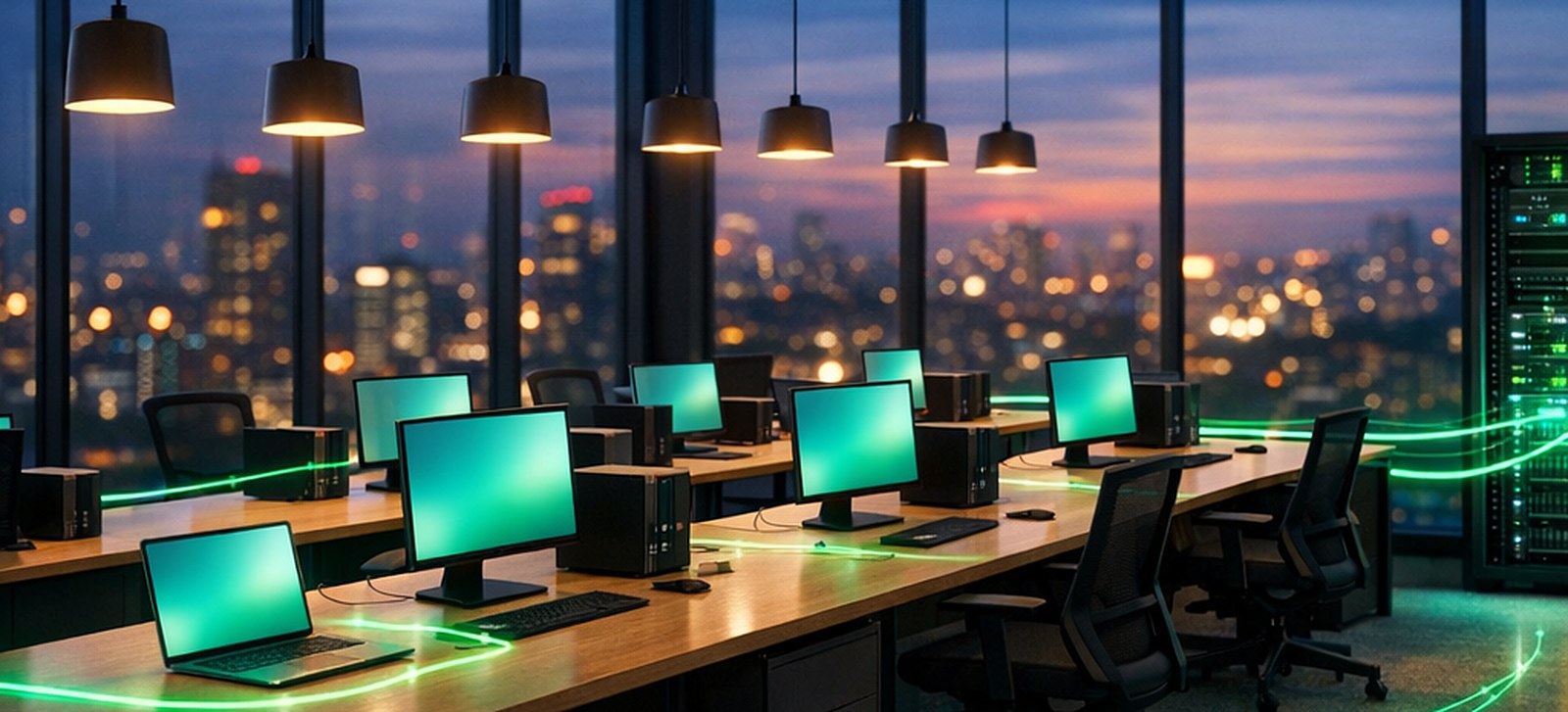 Oficina corporativa de noche con notebooks, PCs y monitores conectados